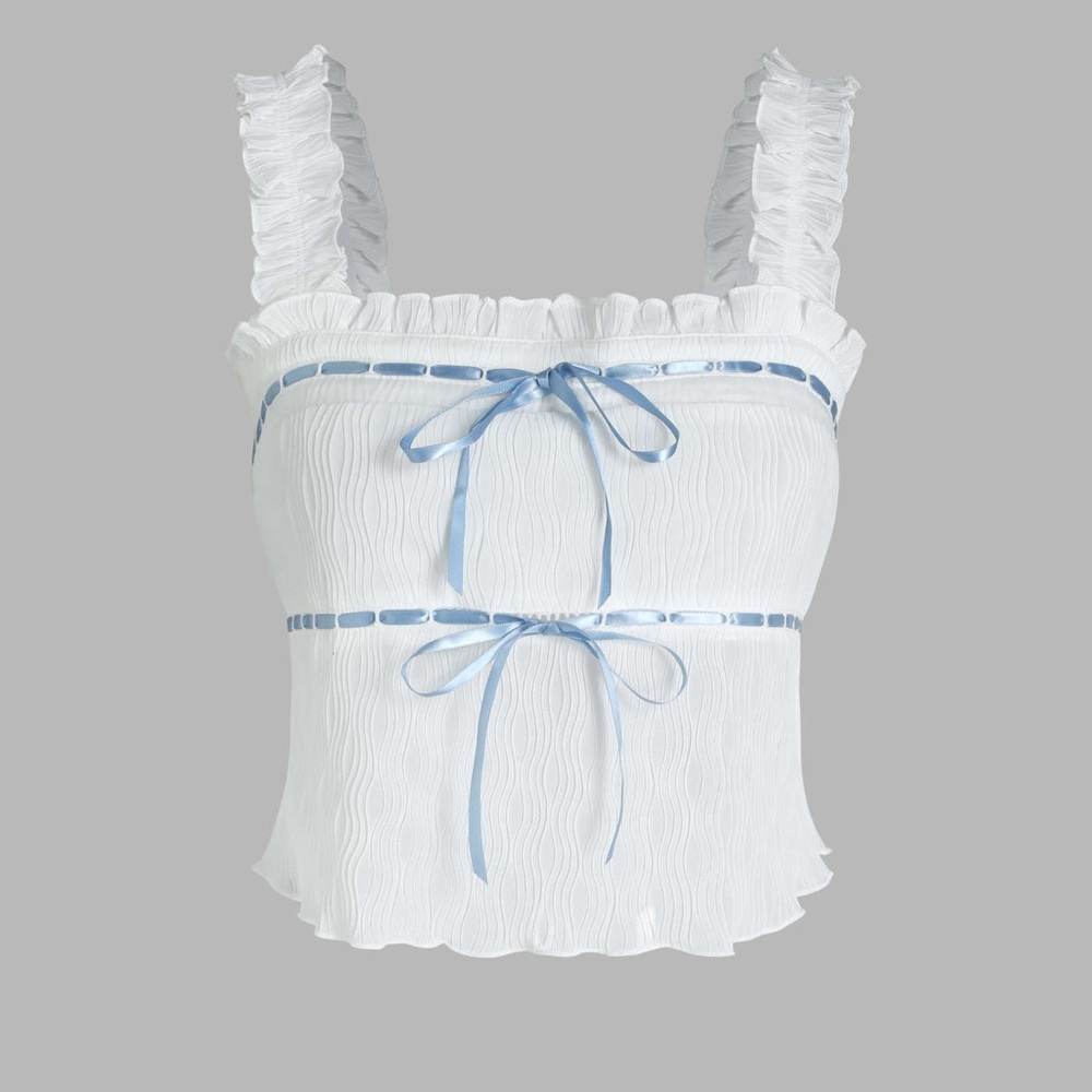 Square neck ruffle hem bowknot tank top